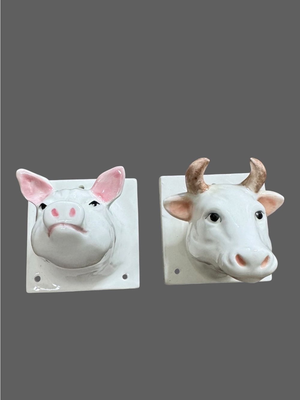 Ceramic Pig and Cow Wall Hooks - White and Pink Home Wall Decor